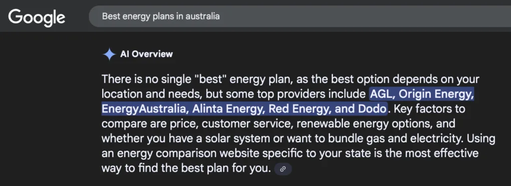 A screenshot of a Google search result for "Best energy plans in australia" showing an AI Overview. The AI-generated text lists several providers, with "AGL, Origin Energy, EnergyAustralia, Alinta Energy, Red Energy, and Dodo" highlighted.