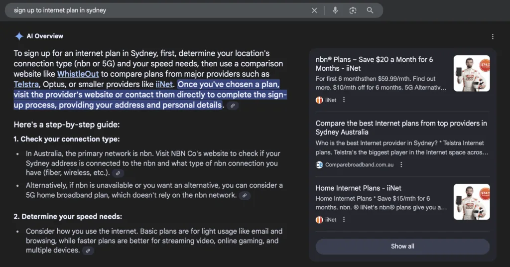 A screenshot of a Google AI Overview for the search "sign up to internet plan in sydney." The AI provides a detailed, step-by-step guide and mentions providers like WhistleOut, Telstra, Optus, and iinet, with parts of the text highlighted.