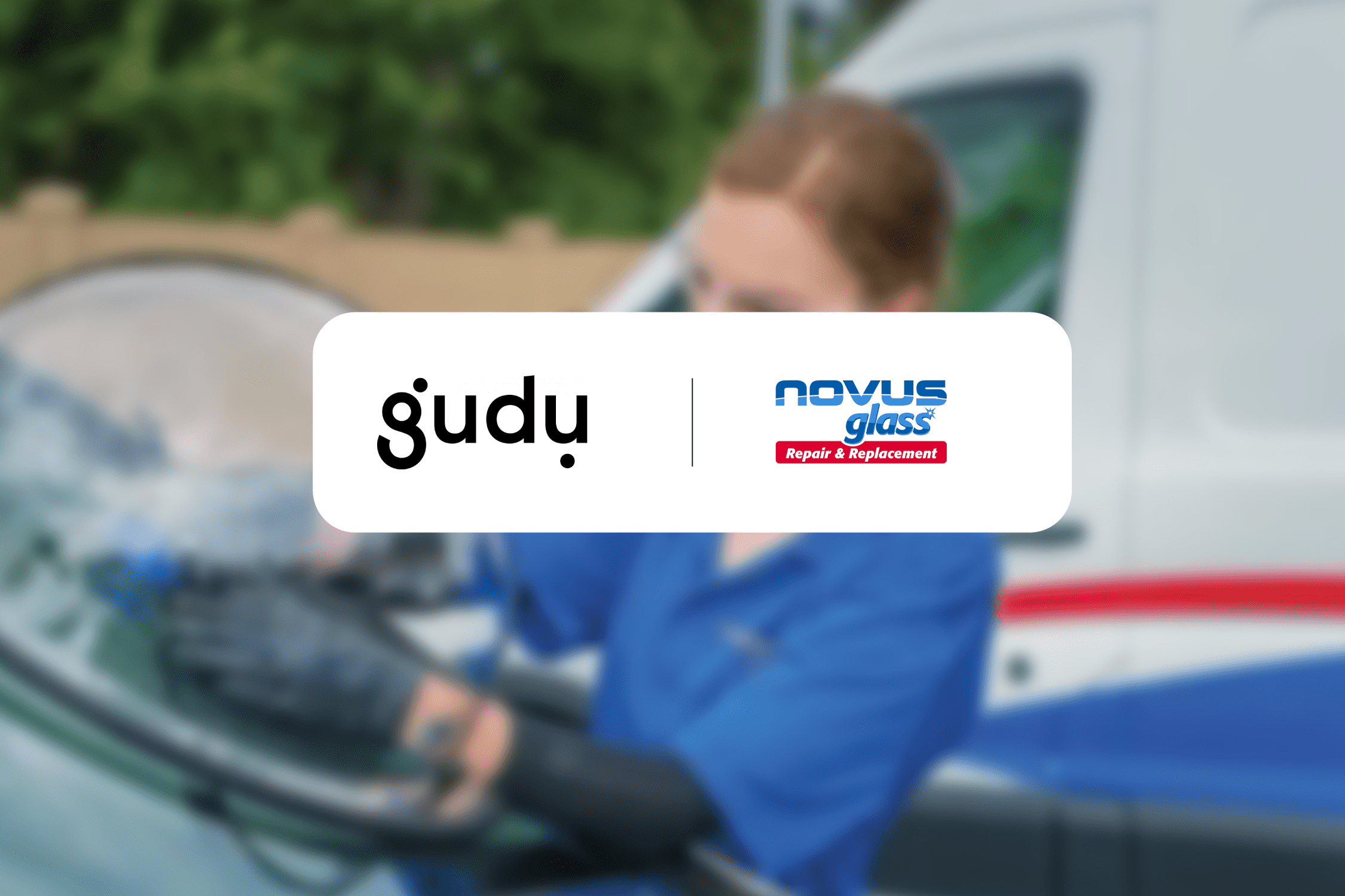 a blurred image in the background with the Gudu & Novus Glass logos on top of a white rectangle